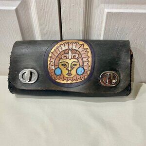 BOHEMIAN CLUTCH HANDMADE LEATHER  AZTEC MASK CARVED AND HANDLE SUNFLOWER BAG
